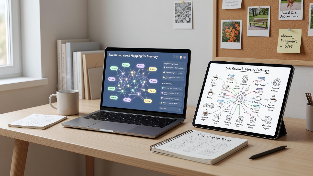 Solo researcher using Sweetpier visual map to connect literature notes during an extended project session